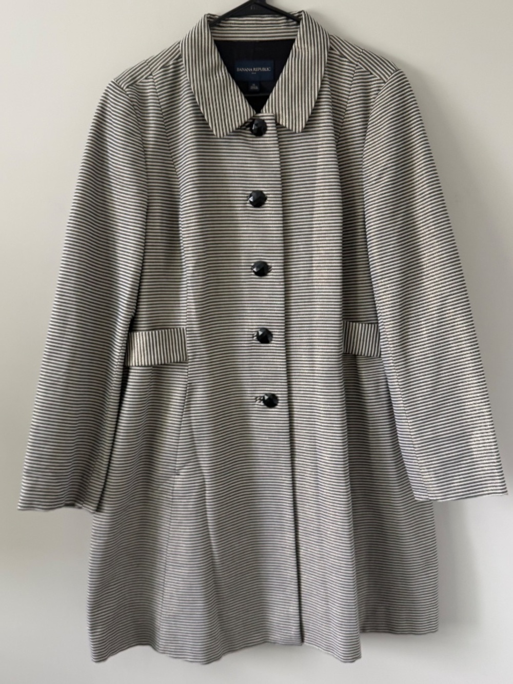 Banana Republic XL Black Ivory Striped Swing Coat Metallic Thread A-Line Jacket